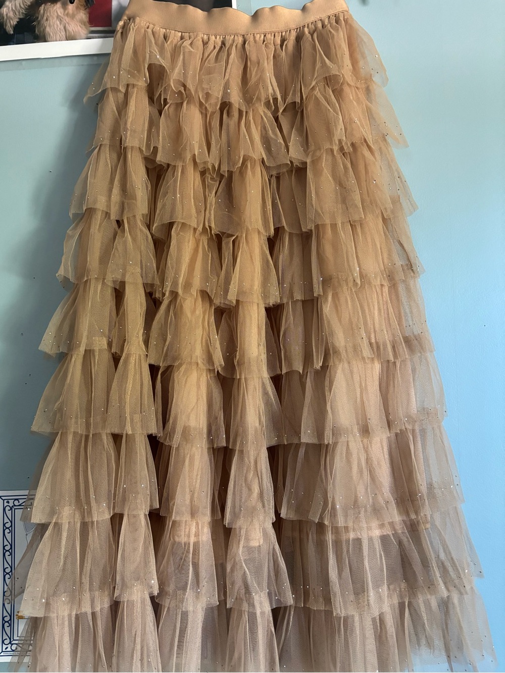 Chicwish Tiered Ruffle Tulle Skirt in Tan